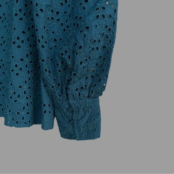 SEZANE Turquoise Blue Embroidered Eyelet Lace Button Down Cara Shirt Blouse Top - Picture 11 of 17